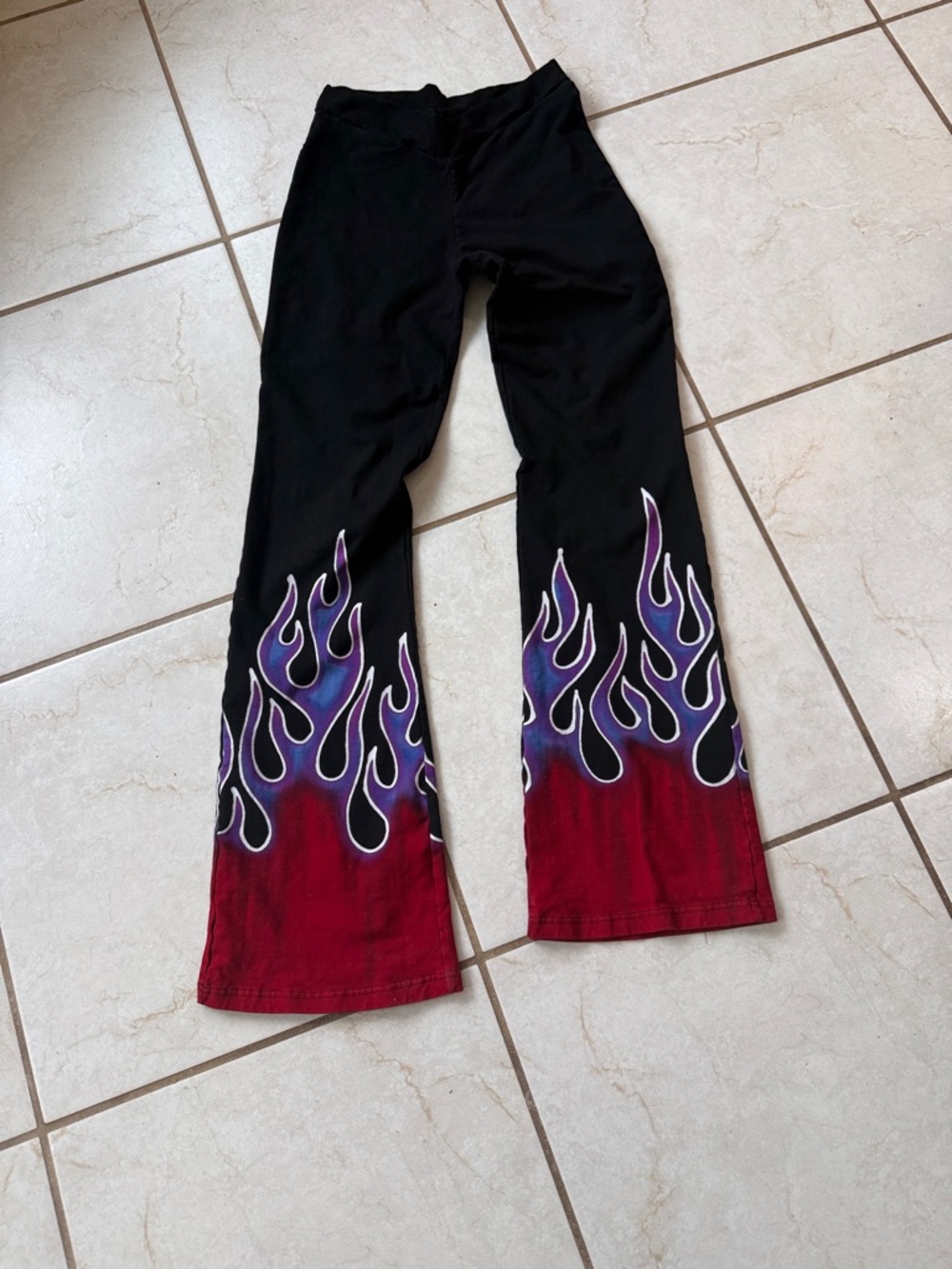 Boot-Cut Flame Print Pants in Black and Red